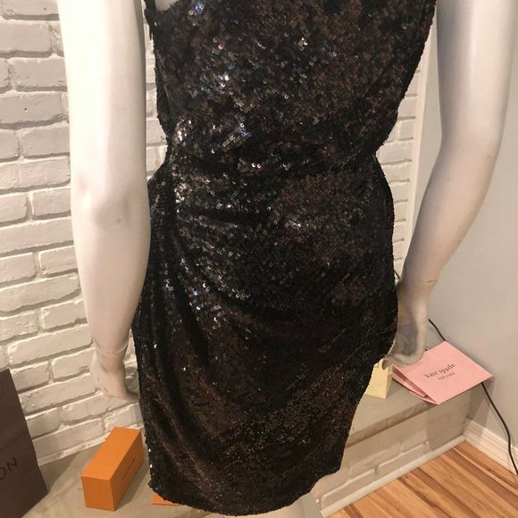 PEACOCK COLOR DISTRESSED SEQUIN ASYMETRICAL COCKTAIL GATHERED MINI DRAPED NECK - Picture 9 of 12